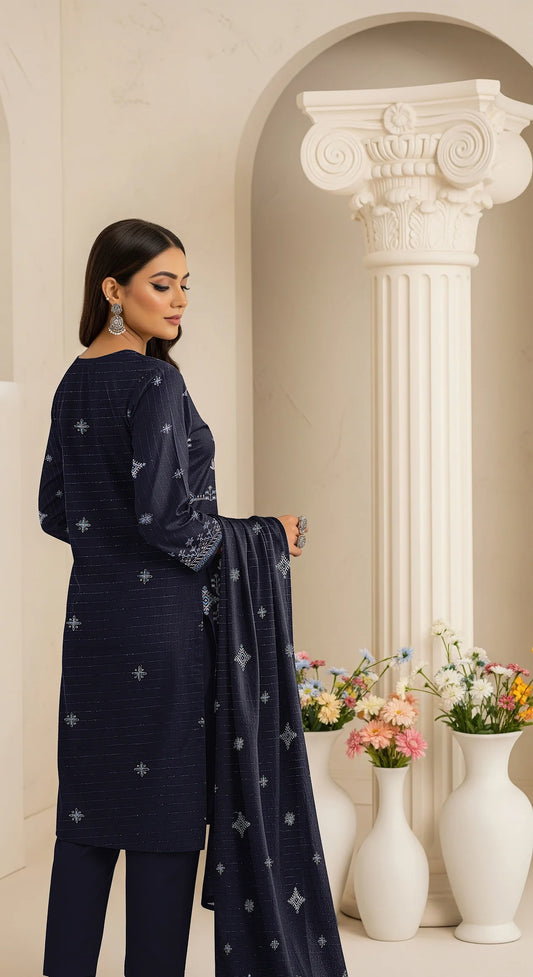 DARK BLUE DHANAK EMBROIDERED | 3 PIECE | UNSTITCHED | 3901