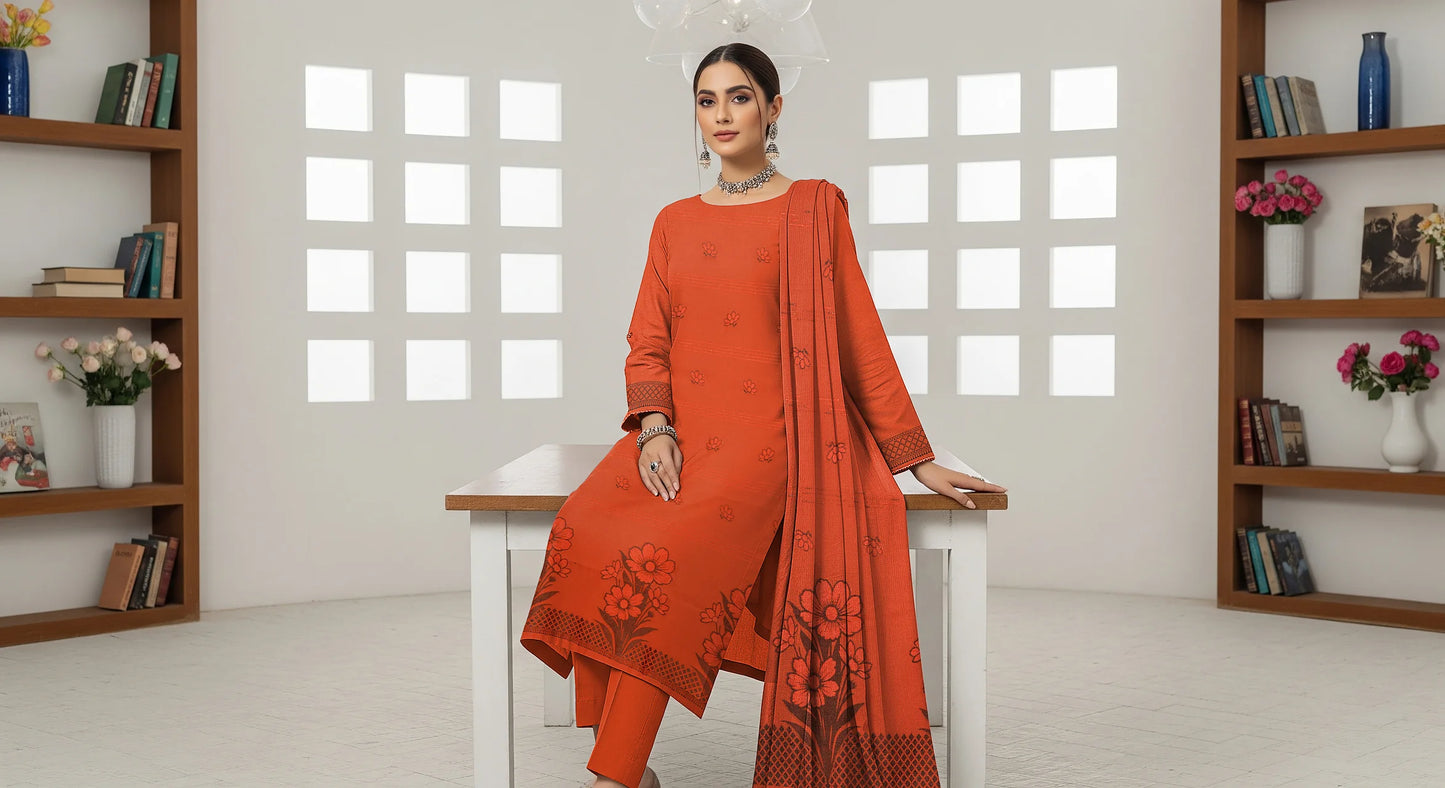 RUST ORANGE JAQUARD DHANAK | VELVET APLAC | 3 PIECE | 4401