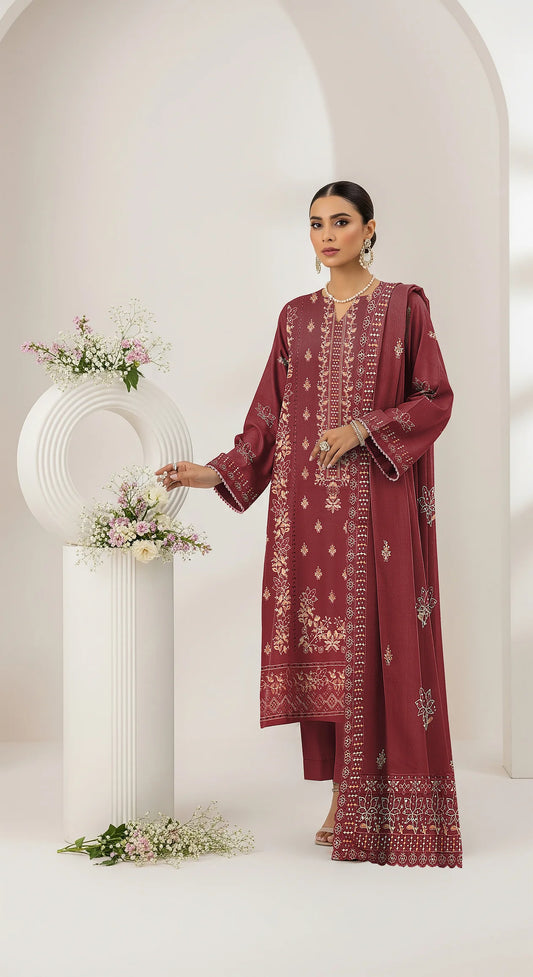 MAROON DHANAK EMBROIDERED | 3 PIECE | UNSTITCHED | 4204