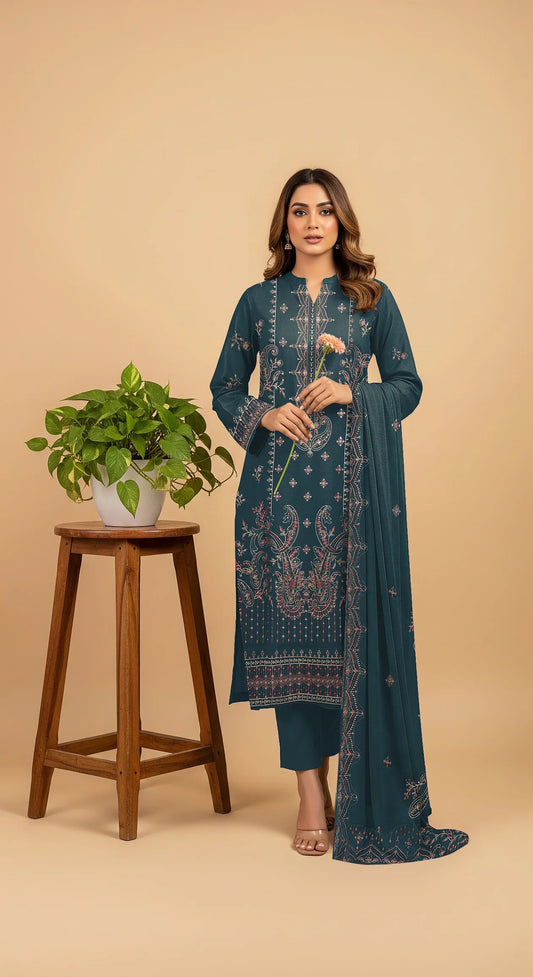 TEAL BLUE DHANAK EMBROIDERED | 3 PIECE | UNSTITCHED | 4303