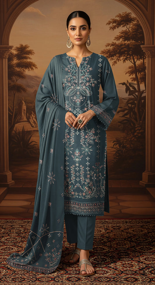 SEA BLUE  DHANAK EMBROIDERED | 3 PIECE | UNSTITCHED | 4004