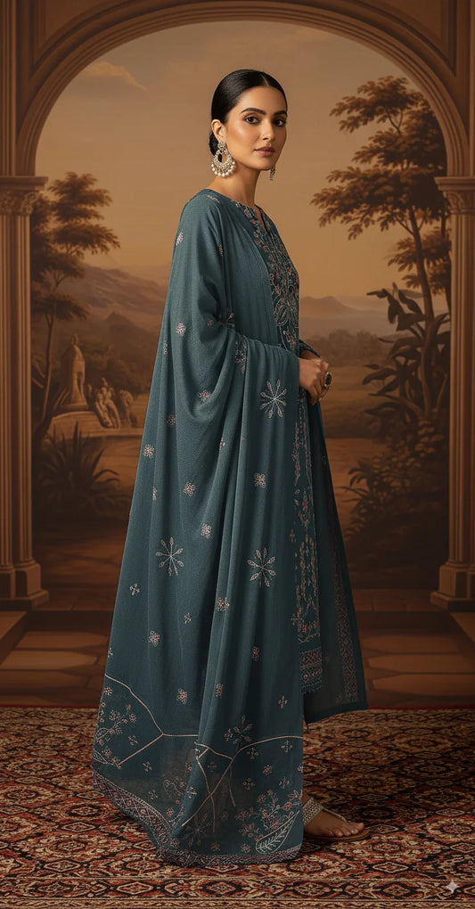 SEA BLUE  DHANAK EMBROIDERED | 3 PIECE | UNSTITCHED | 4004