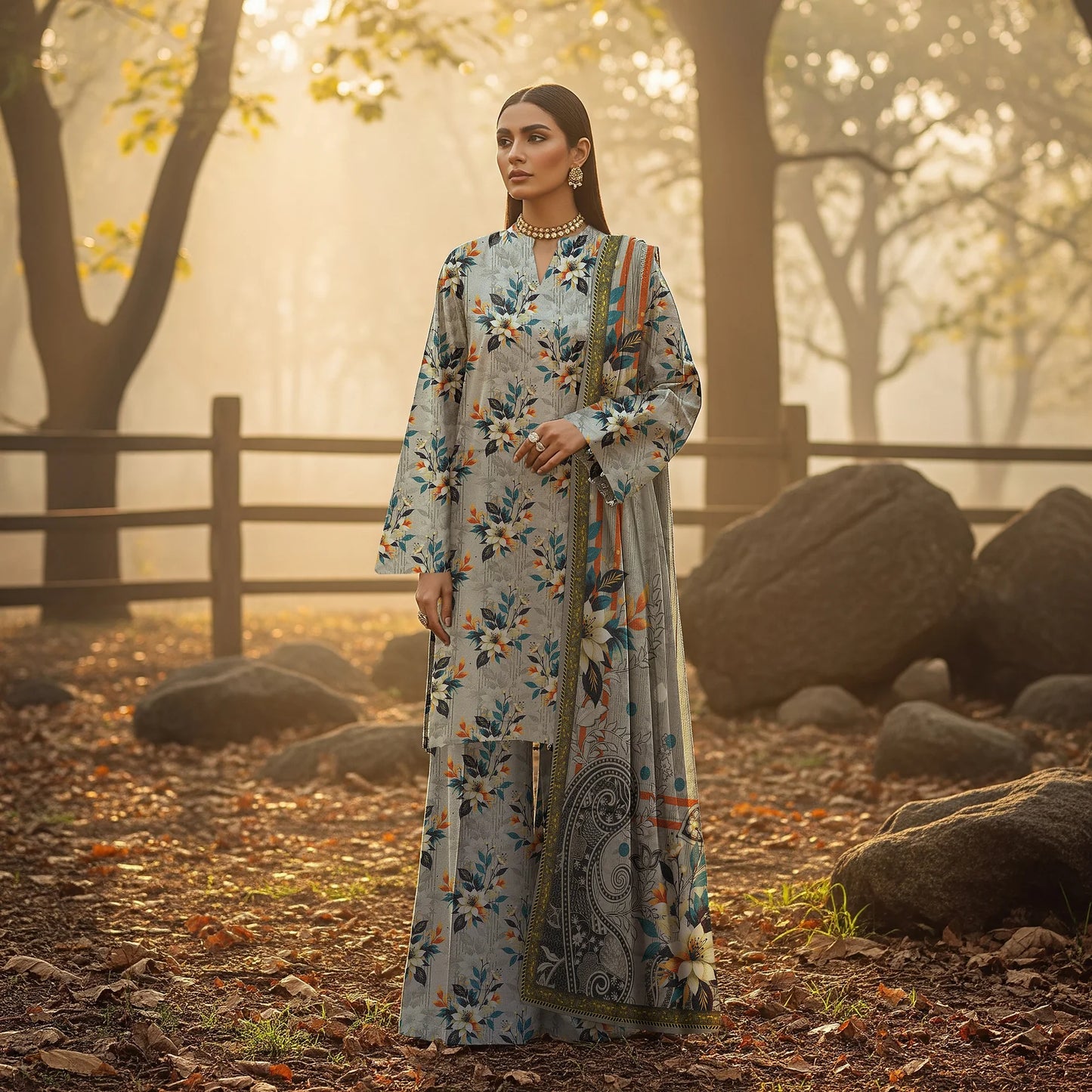 GREY CLOUD PRINTED KARANDI | ALLOVER | UNSTITCHED | 3 PIECE | 4503