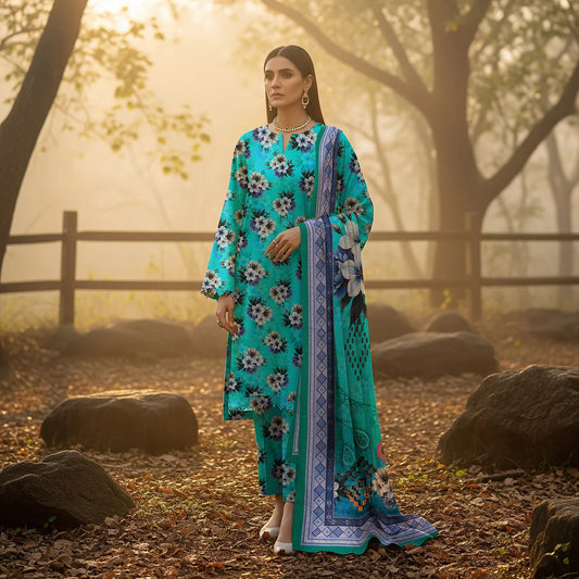 TEAL PRINTED KARANDI | ALLOVER | UNSTITCHED | 3 PIECE | 4502