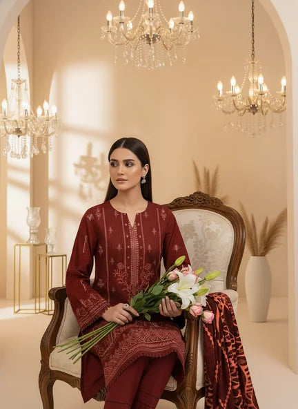 MAROON DARK DHANAK EMBROIDERED | PALACHI VELVET SHAWL | UNSTITCHED | 4906
