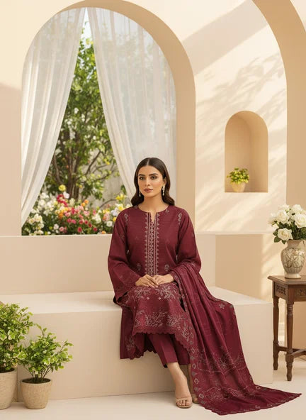 MAROON DHANAK EMBROIDERED | 3 PIECE | UNSTITCHED | 4703