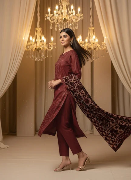 MAROON DHANAK EMBROIDERED | PALACHI VELVET SHAWL | UNSTITCHED | 4803