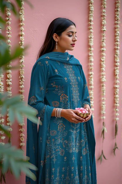 SEA BLUE VISCOSE EMBROIDERED | 3 PIECE | UNSTITCHED | 3403