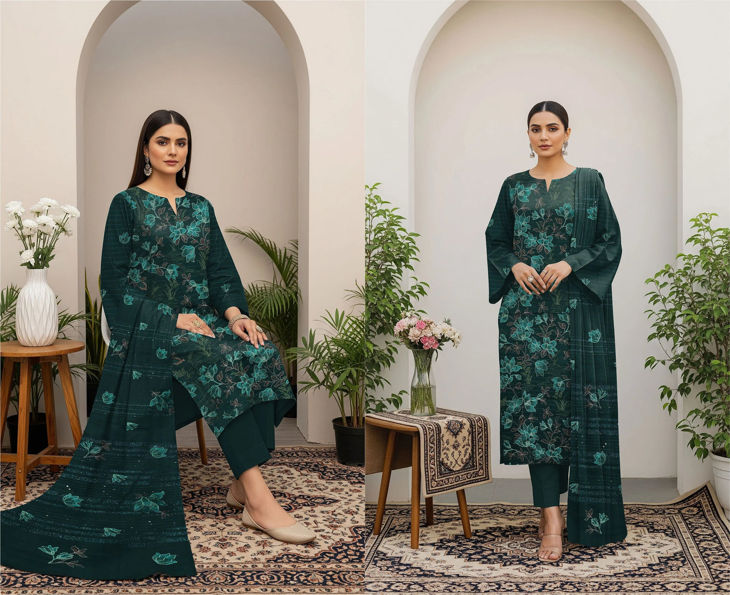 GREEN DARK DHANAK EMBROIDERED | 3 PIECE | UNSTITCHED | 380a