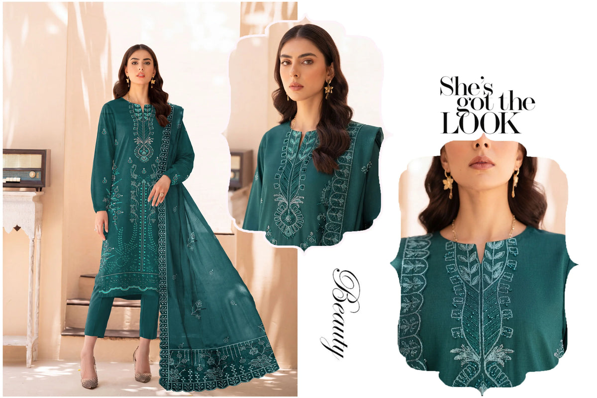 V512 DHANAK 3 PIECE EBROIDERED  (UNSTITCHED)