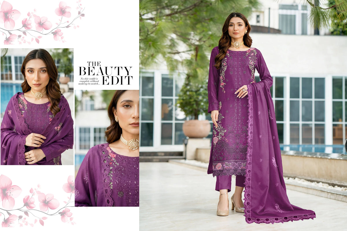 V509 DHANAK 3 PIECE EBROIDERED  (UNSTITCHED)