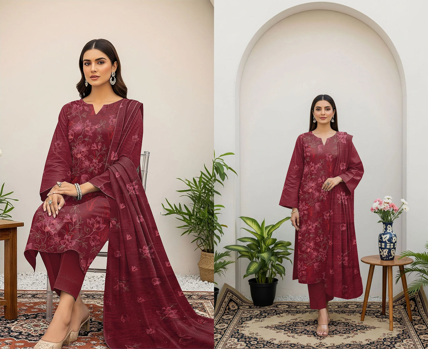 MAROON DHANAK EMBROIDERED | 3 PIECE | UNSTITCHED | 380b
