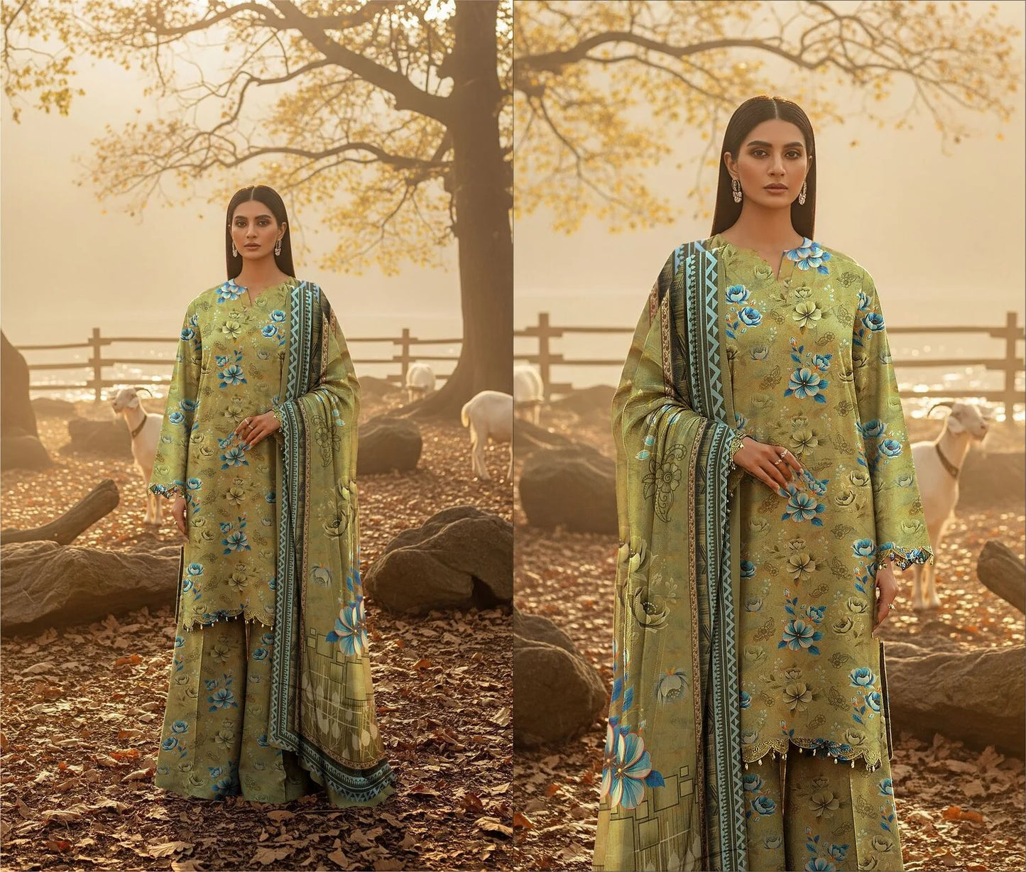 OLIVE GREEN PRINTED KARANDI | ALLOVER | UNSTITCHED | 3 PIECE | 4506