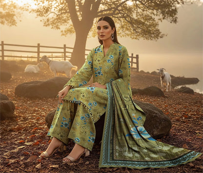OLIVE GREEN PRINTED KARANDI | ALLOVER | UNSTITCHED | 3 PIECE | 4506