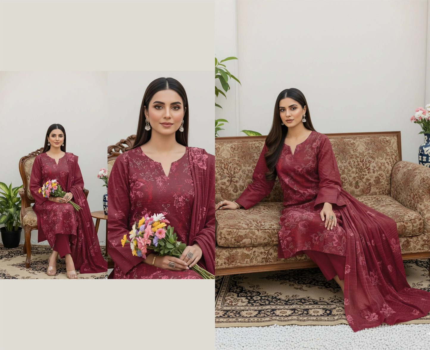MAROON DHANAK EMBROIDERED | 3 PIECE | UNSTITCHED | 380b