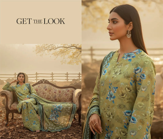OLIVE GREEN PRINTED KARANDI | ALLOVER | UNSTITCHED | 3 PIECE | 4506