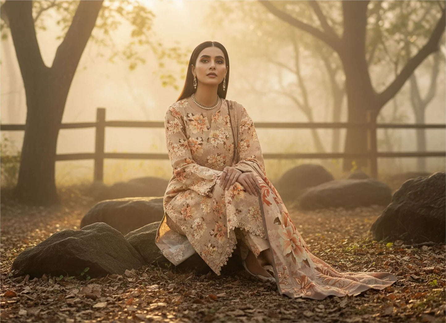 COFFEE PRINTED KARANDI | ALLOVER | UNSTITCHED | 3 PIECE | 4507