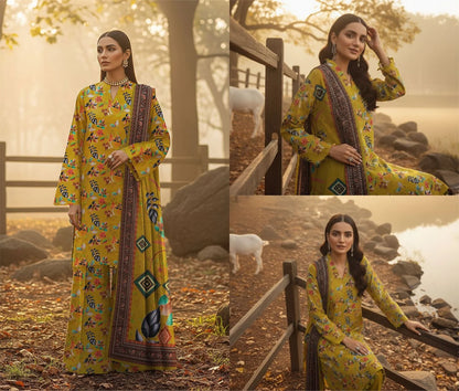 MUSTARD GREEN PRINTED KARANDI | ALLOVER | UNSTITCHED | 3 PIECE | 4508