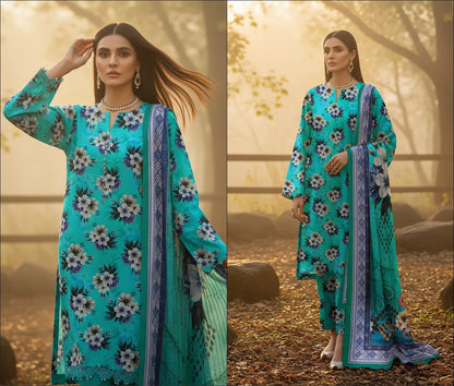 TEAL PRINTED KARANDI | ALLOVER | UNSTITCHED | 3 PIECE | 4502