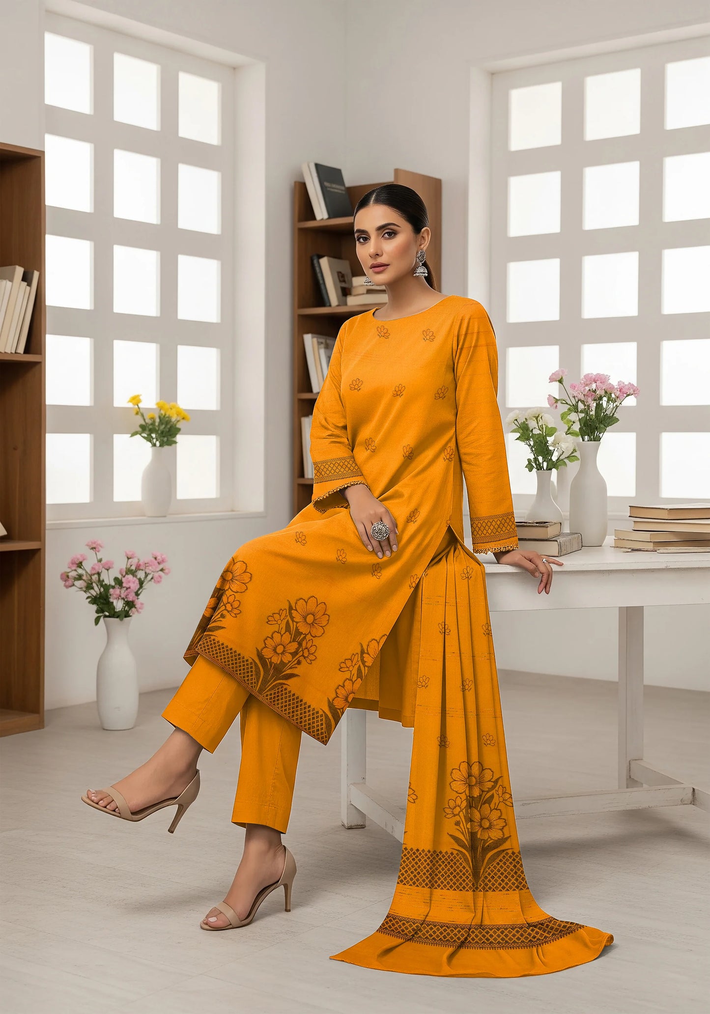 MUSTARD JAQUARD DHANAK | VELVET APLAC | 3 PIECE | 4406
