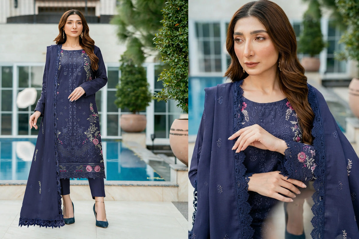 V509 DHANAK 3 PIECE EBROIDERED  (UNSTITCHED)