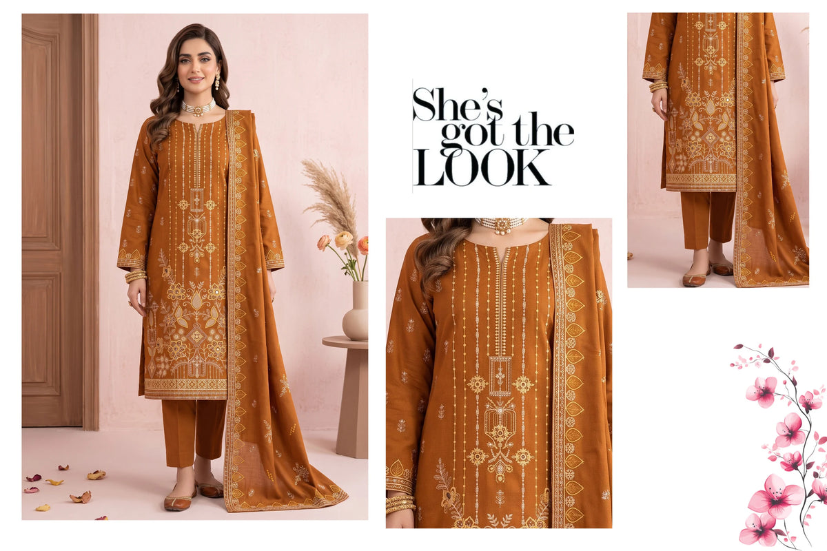 V511 DHANAK 3 PIECE EBROIDERED  (UNSTITCHED)