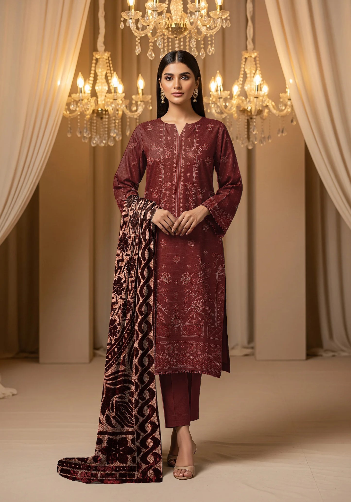 MAROON DHANAK EMBROIDERED | PALACHI VELVET SHAWL | UNSTITCHED | 4803