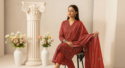 RUST BROWN DHANAK EMBROIDERED | 3 PIECE | UNSTITCHED | 3905