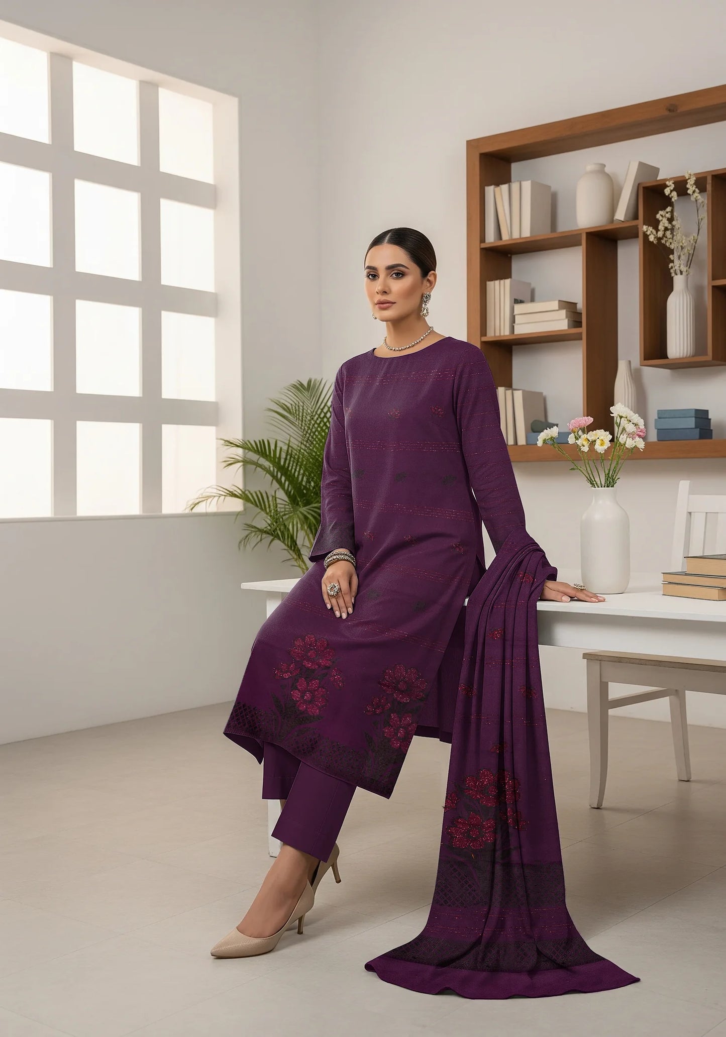 PURPLE JAQUARD DHANAK | VELVET APLAC | 3 PIECE | 4405