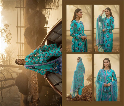 TEAL PRINTED KARANDI | ALLOVER | UNSTITCHED | 3 PIECE | 4502