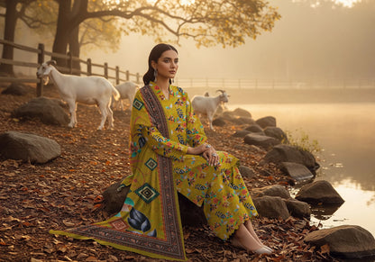 MUSTARD GREEN PRINTED KARANDI | ALLOVER | UNSTITCHED | 3 PIECE | 4508