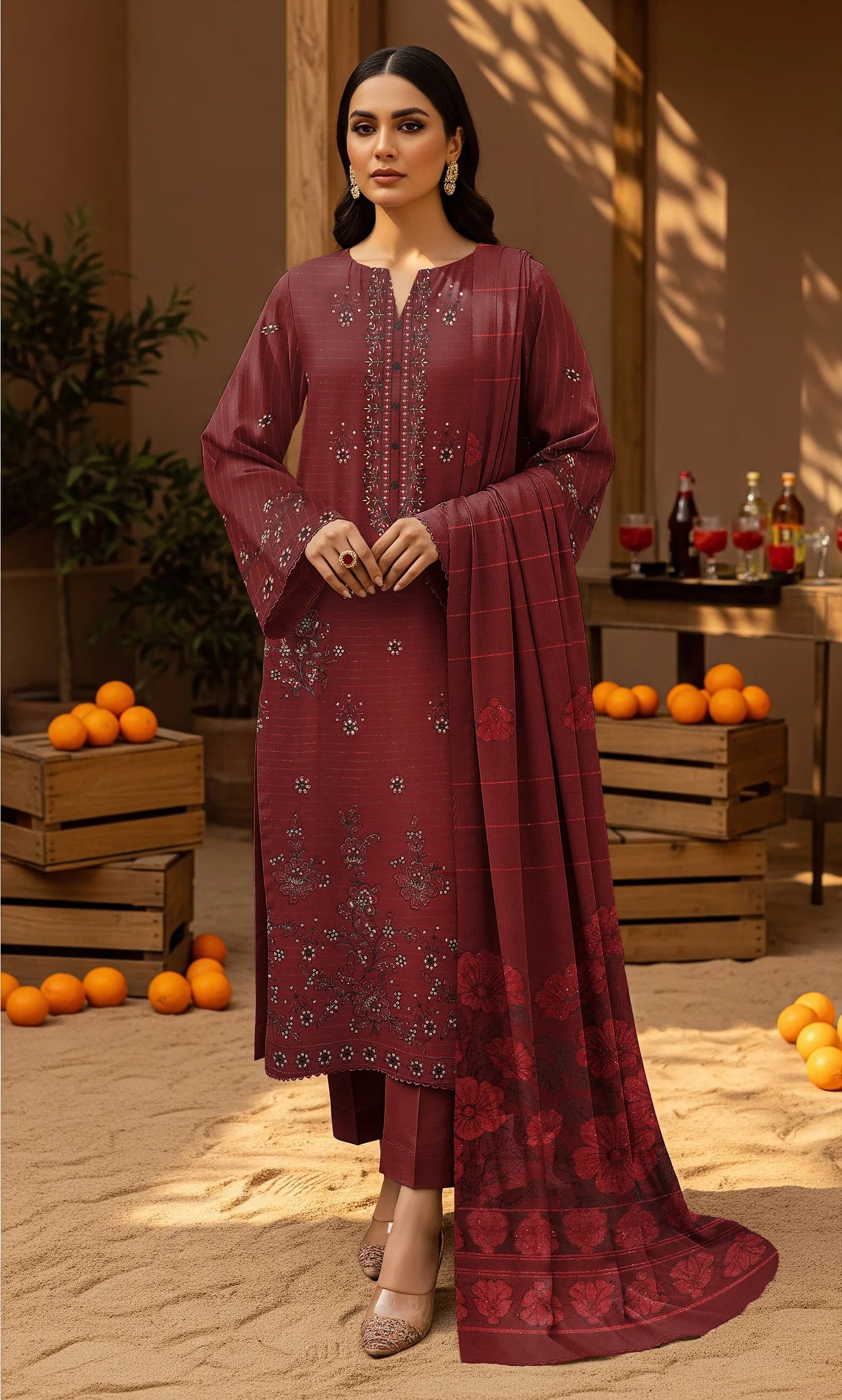MAROON DHANAK EMBROIDERED | BAROSHA DUPATTA  | UNSTITCHED | 4603