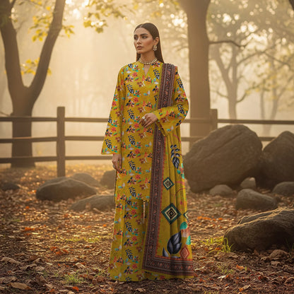 MUSTARD GREEN PRINTED KARANDI | ALLOVER | UNSTITCHED | 3 PIECE | 4508