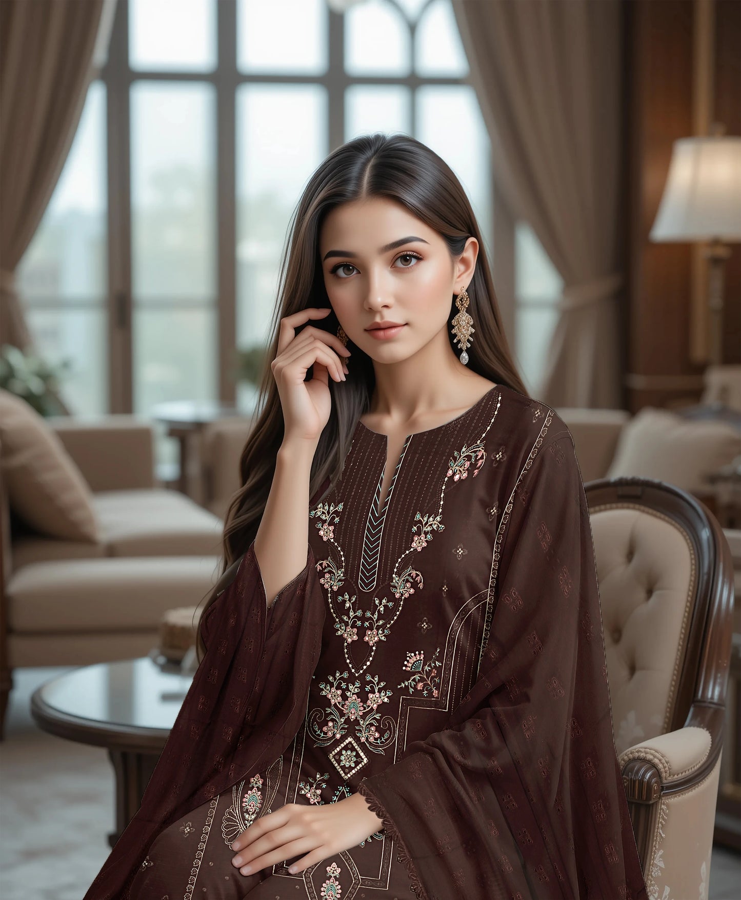 BROWN VISCOSE EMBROIDERED | 3 PIECE | UNSTITCHED | 320B