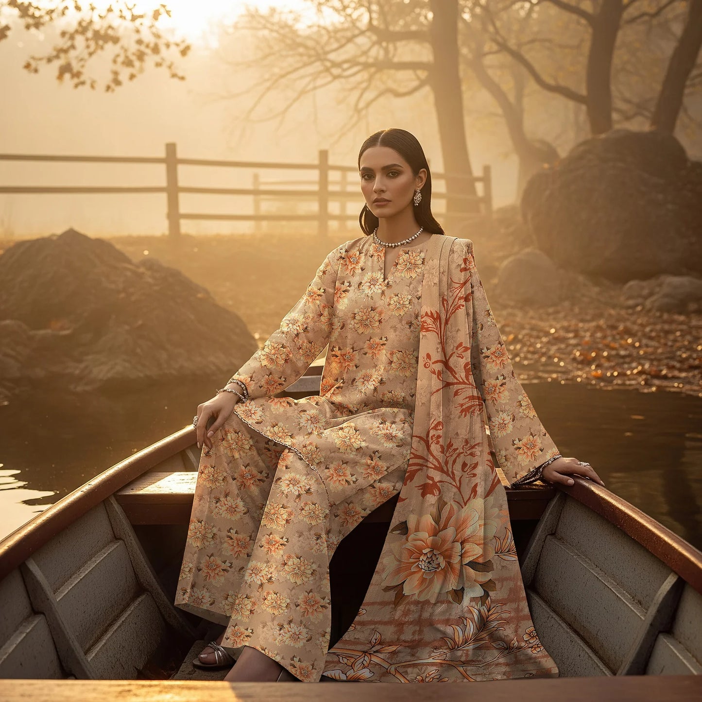 COFFEE PRINTED KARANDI | ALLOVER | UNSTITCHED | 3 PIECE | 4507