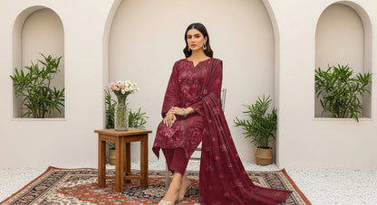 MAROON DHANAK EMBROIDERED | 3 PIECE | UNSTITCHED | 380b