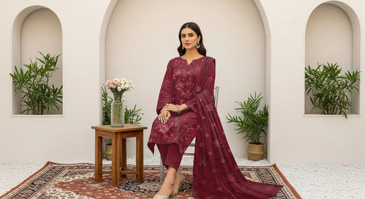 MAROON DHANAK EMBROIDERED | 3 PIECE | UNSTITCHED | 380b