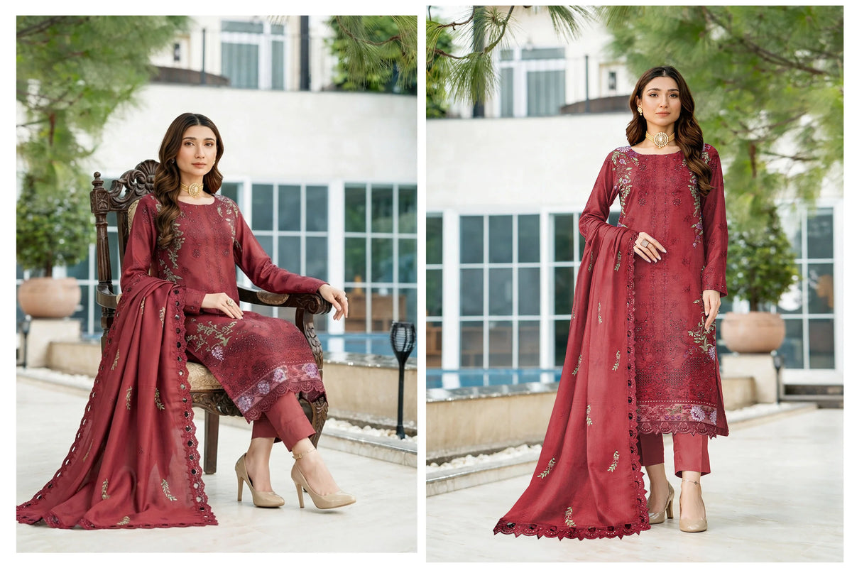 V509 DHANAK 3 PIECE EBROIDERED  (UNSTITCHED)