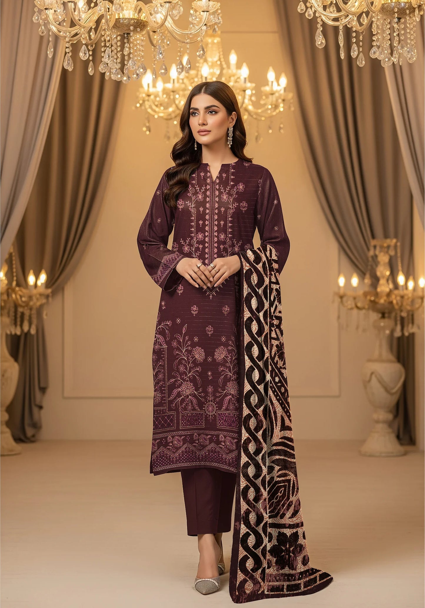 MAGENTA  DHANAK EMBROIDERED | PALACHI VELVET SHAWL | UNSTITCHED | 4806