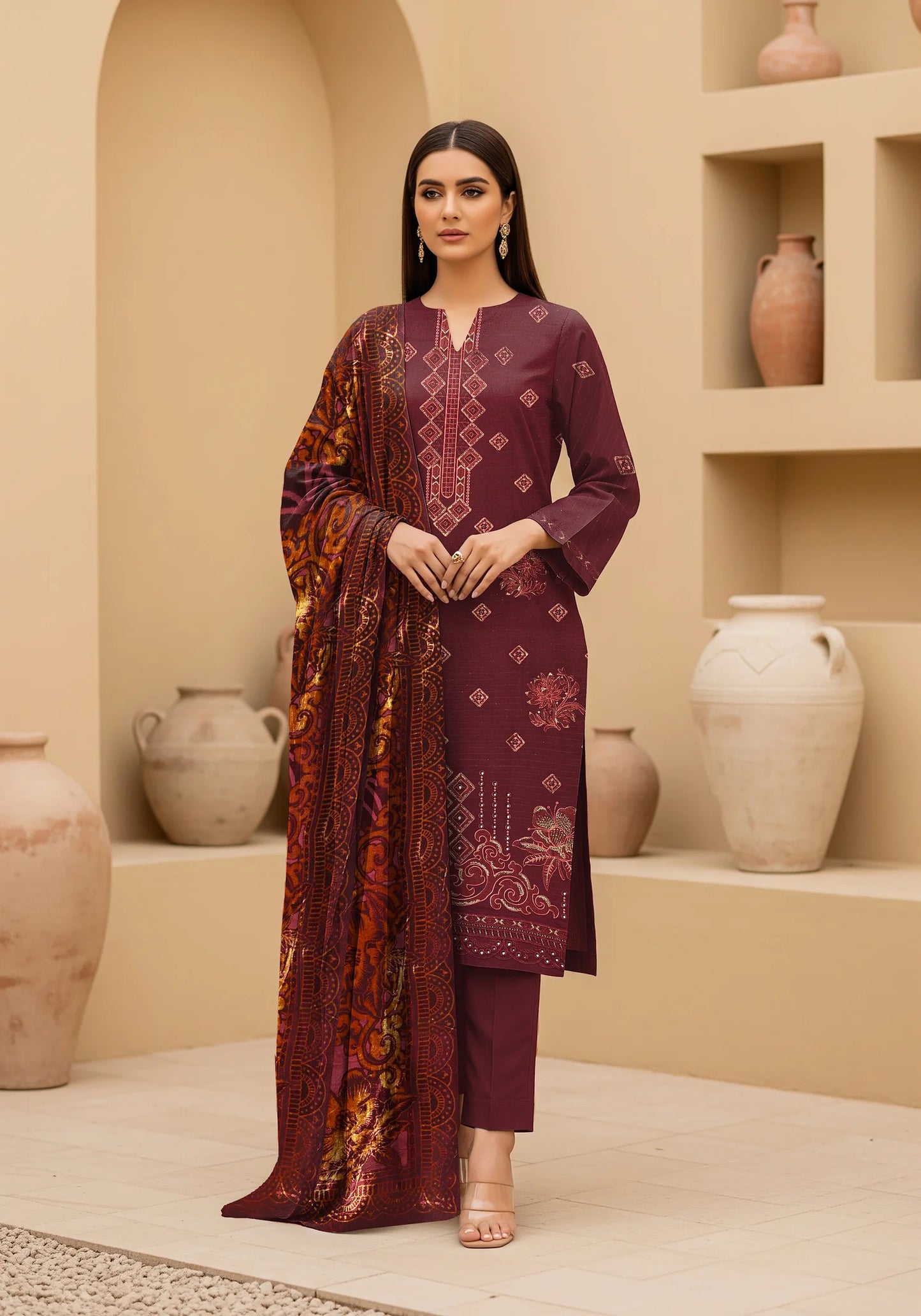 MAROON DARK DHANAK EMBROIDERED | PALACHI VELVET SHAWL | UNSTITCHED | 5103