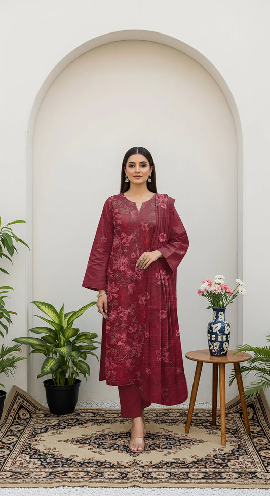MAROON DHANAK EMBROIDERED | 3 PIECE | UNSTITCHED | 380b
