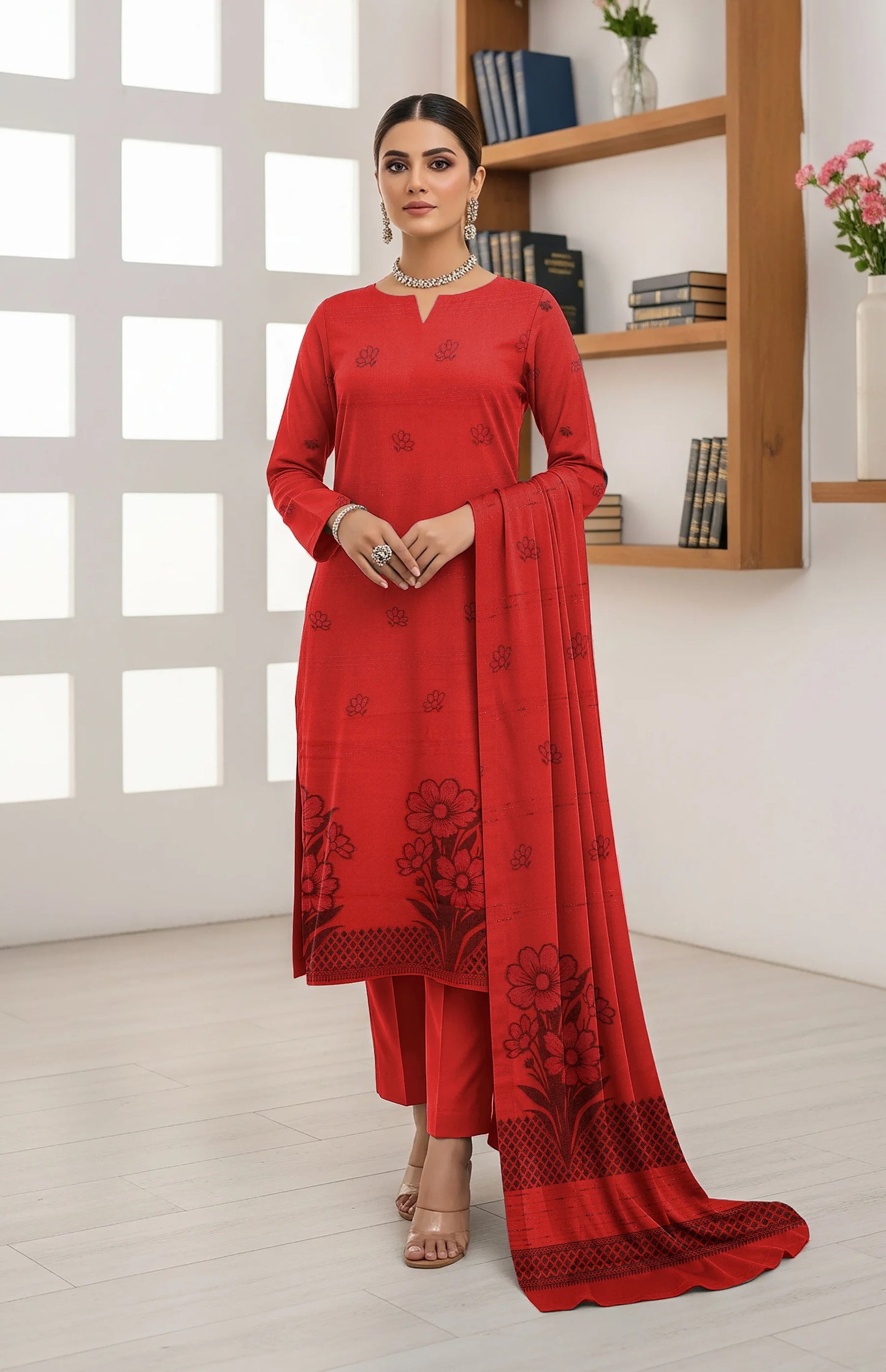 RED JAQUARD DHANAK | VELVET APLAC | 3 PIECE | 4403
