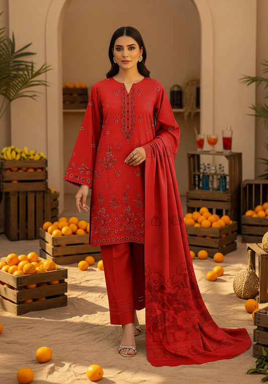 RED DHANAK EMBROIDERED | BAROSHA DUPATTA  | UNSTITCHED | 4602