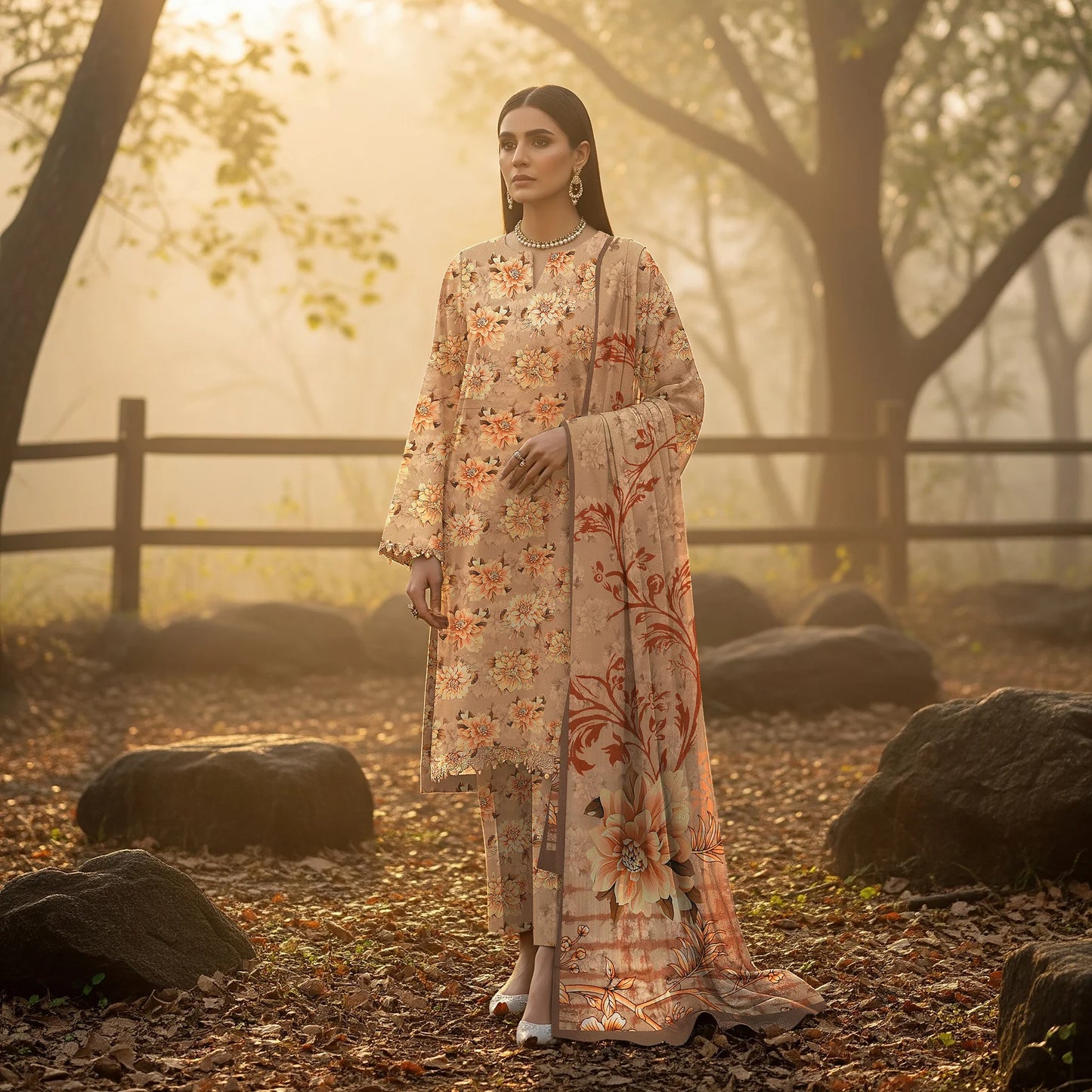 COFFEE PRINTED KARANDI | ALLOVER | UNSTITCHED | 3 PIECE | 4507