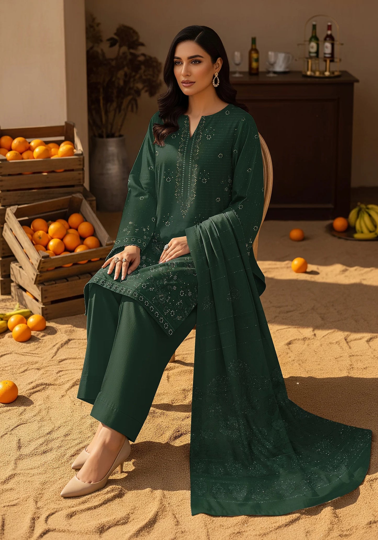 BOTTLE GREEN DHANAK EMBROIDERED | BAROSHA DUPATTA  | UNSTITCHED | 4601