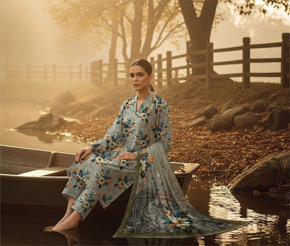 GREY CLOUD PRINTED KARANDI | ALLOVER | UNSTITCHED | 3 PIECE | 4503