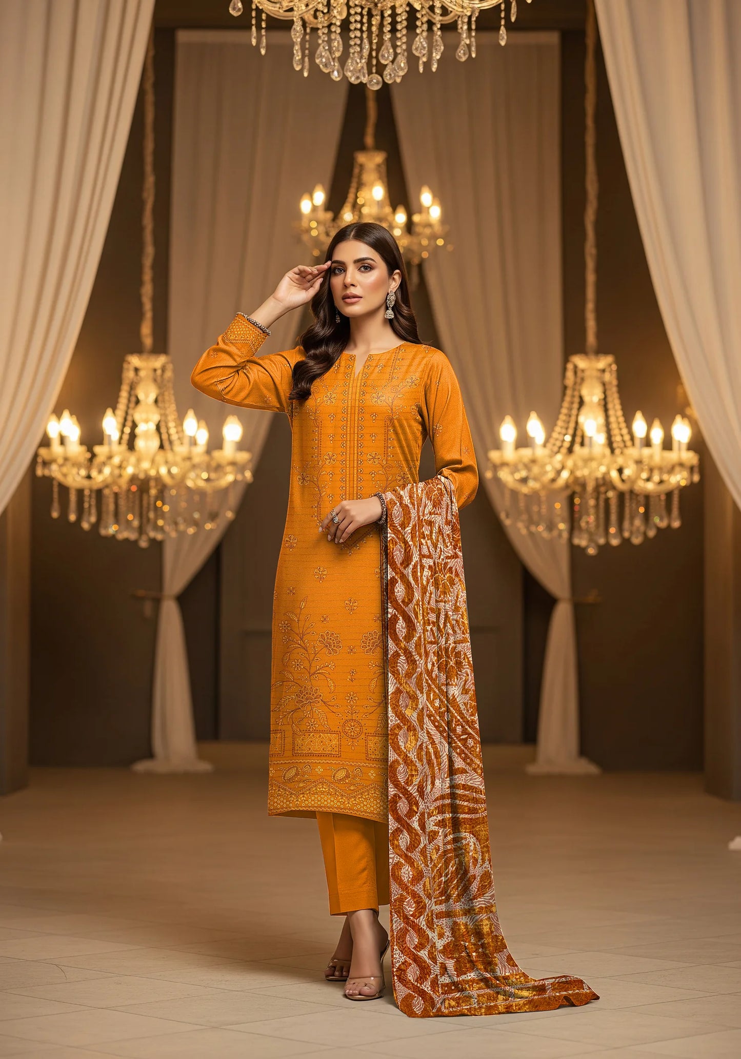 MUSTARD DHANAK EMBROIDERED | PALACHI VELVET SHAWL | UNSTITCHED | 4805