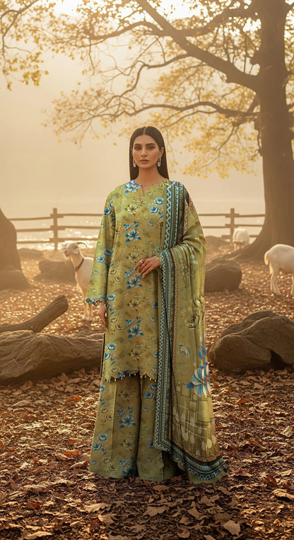 OLIVE GREEN PRINTED KARANDI | ALLOVER | UNSTITCHED | 3 PIECE | 4506