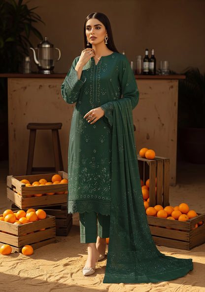 BOTTLE GREEN DHANAK EMBROIDERED | BAROSHA DUPATTA  | UNSTITCHED | 4601