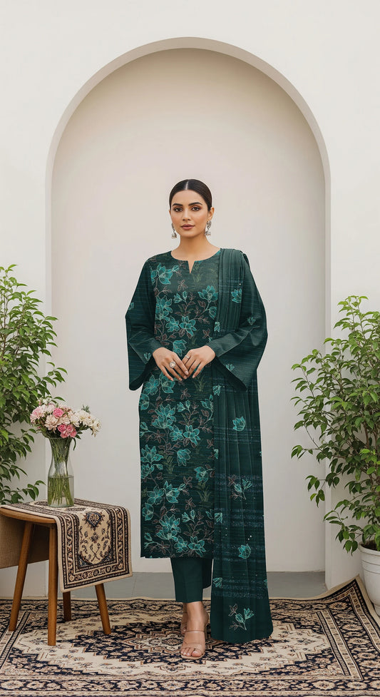 GREEN DARK DHANAK EMBROIDERED | 3 PIECE | UNSTITCHED | 380a